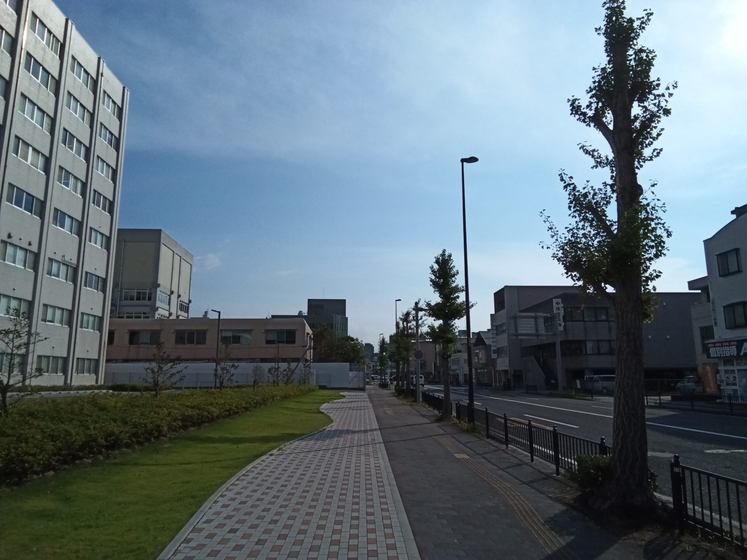 鳥取赤十字病院前の歩道を歩く